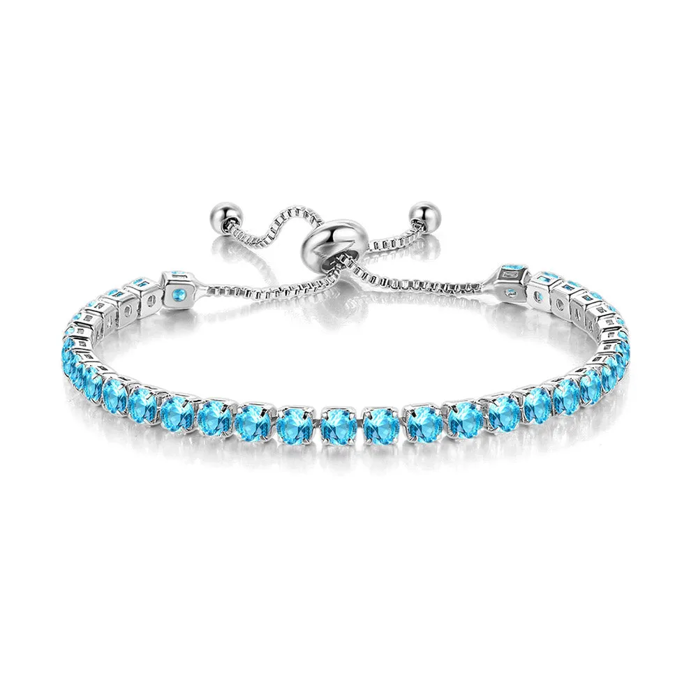 10k White Gold Plated 6 Cttw Round Created Aquamarine Sapphire Adjustable Tennis