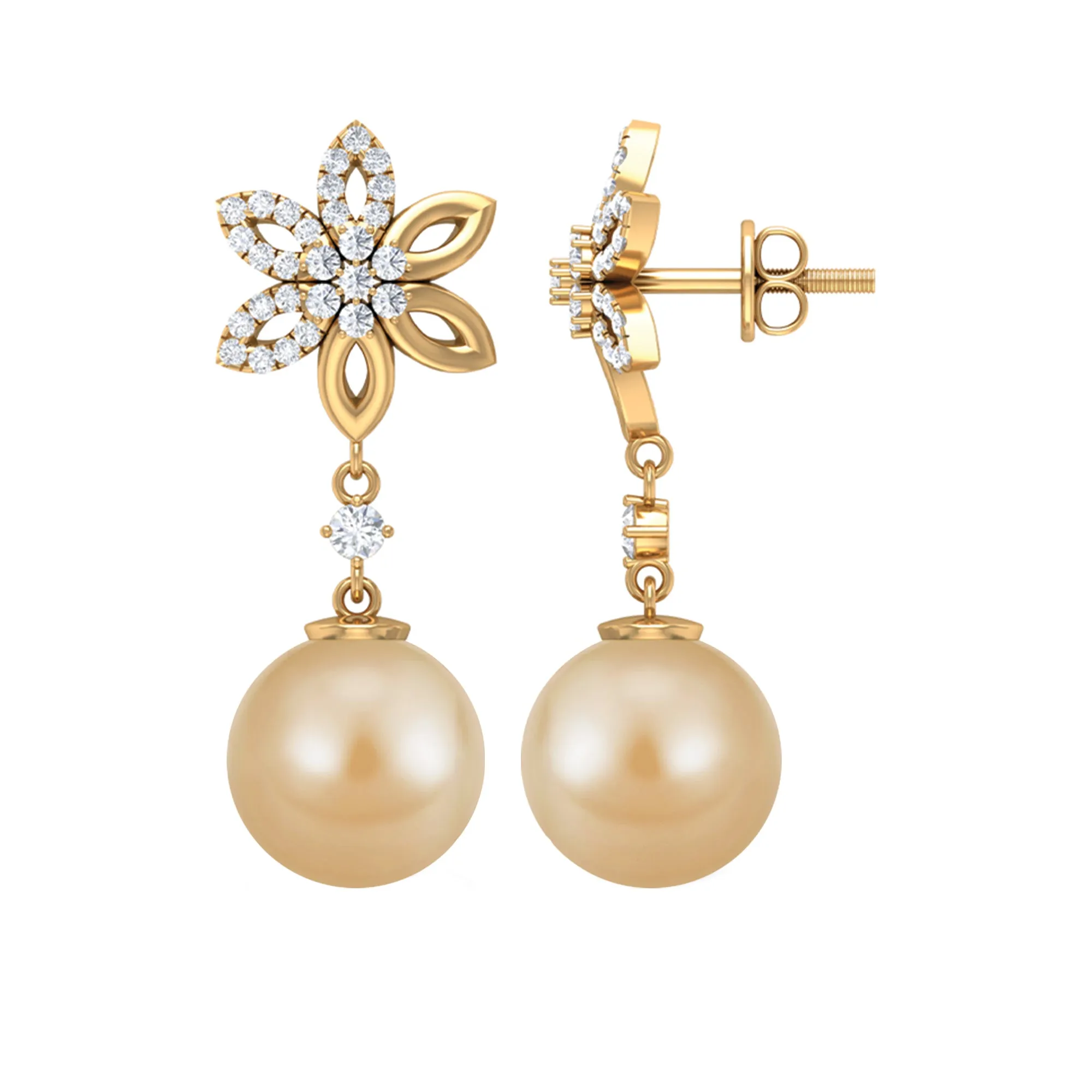 11.50 CT Diamond Floral Earrings with South Sea Pearl Drop