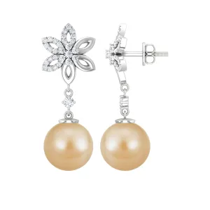 11.50 CT Diamond Floral Earrings with South Sea Pearl Drop