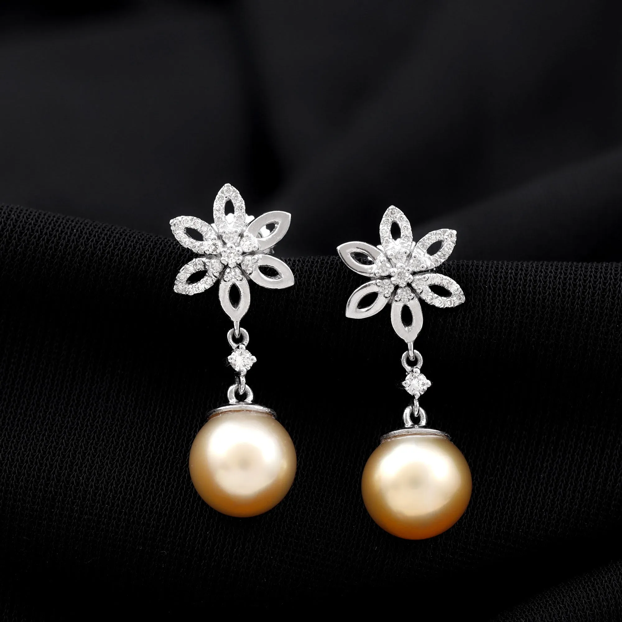 11.50 CT Diamond Floral Earrings with South Sea Pearl Drop