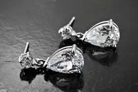 12x8mm Pear Cut CZ Dangle Silvertone Earrings, -pair