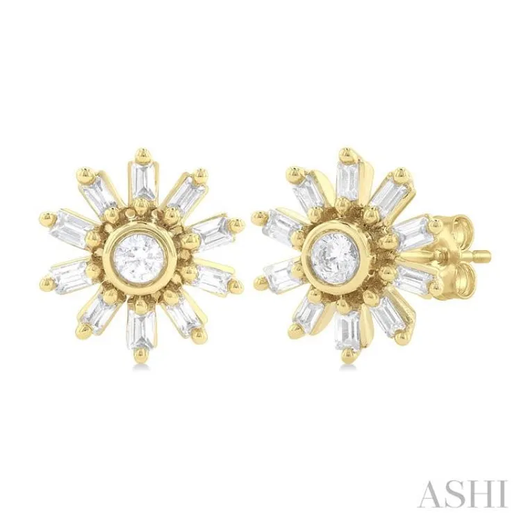 1/4 ctw Petite Wheel Baguette and Round Cut Diamond Fashion Stud Earring in 10K Yellow Gold