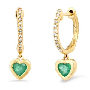 14K Gold and Diamond Emerald Heart Drop Hoops Earrings