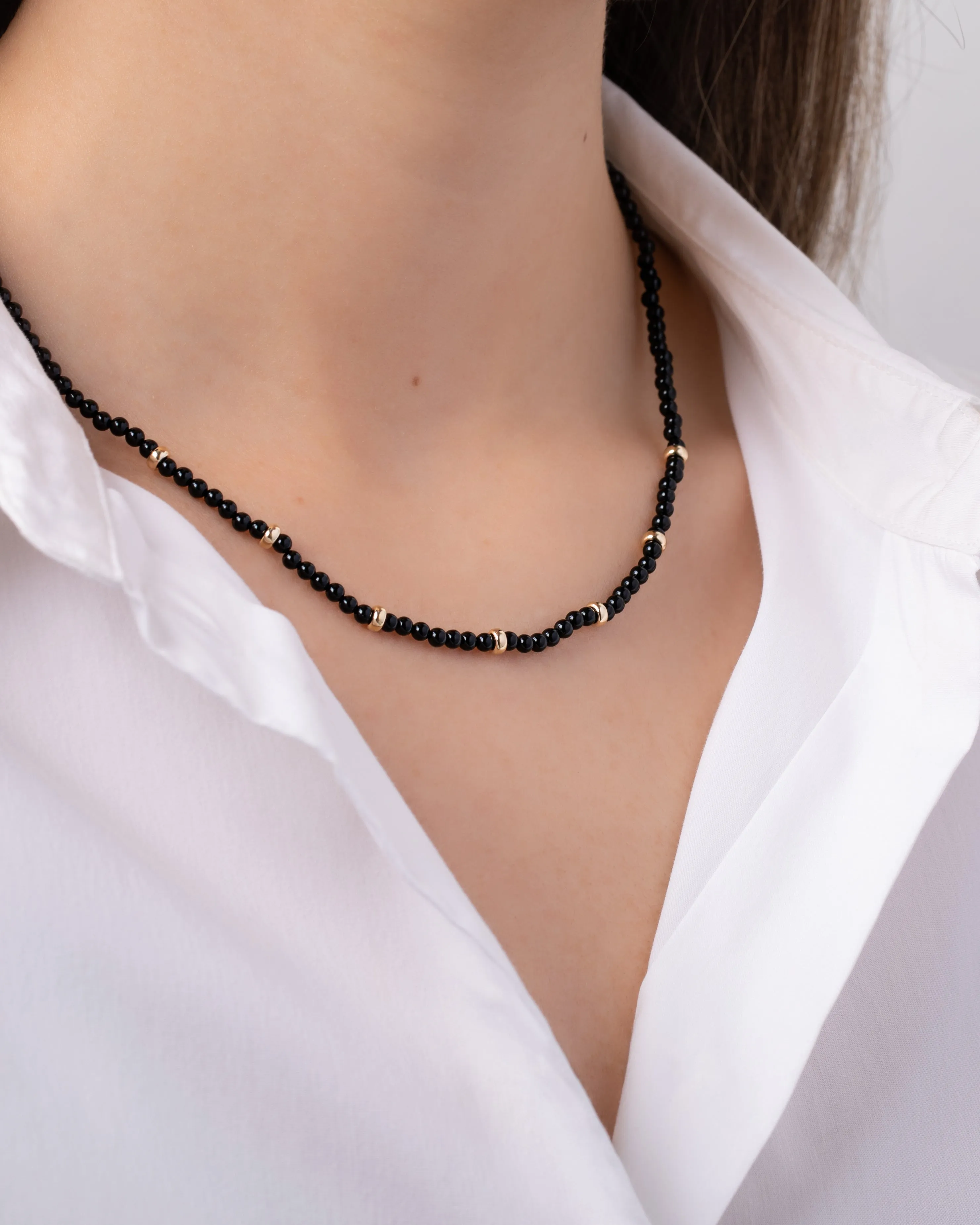 14k Gold Black Onyx Segment Bead Necklace