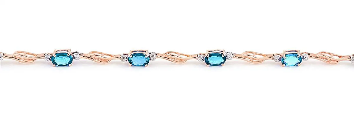 14K Solid Rose Gold Tennis Bracelet Blue Topaz & Diamond Certified