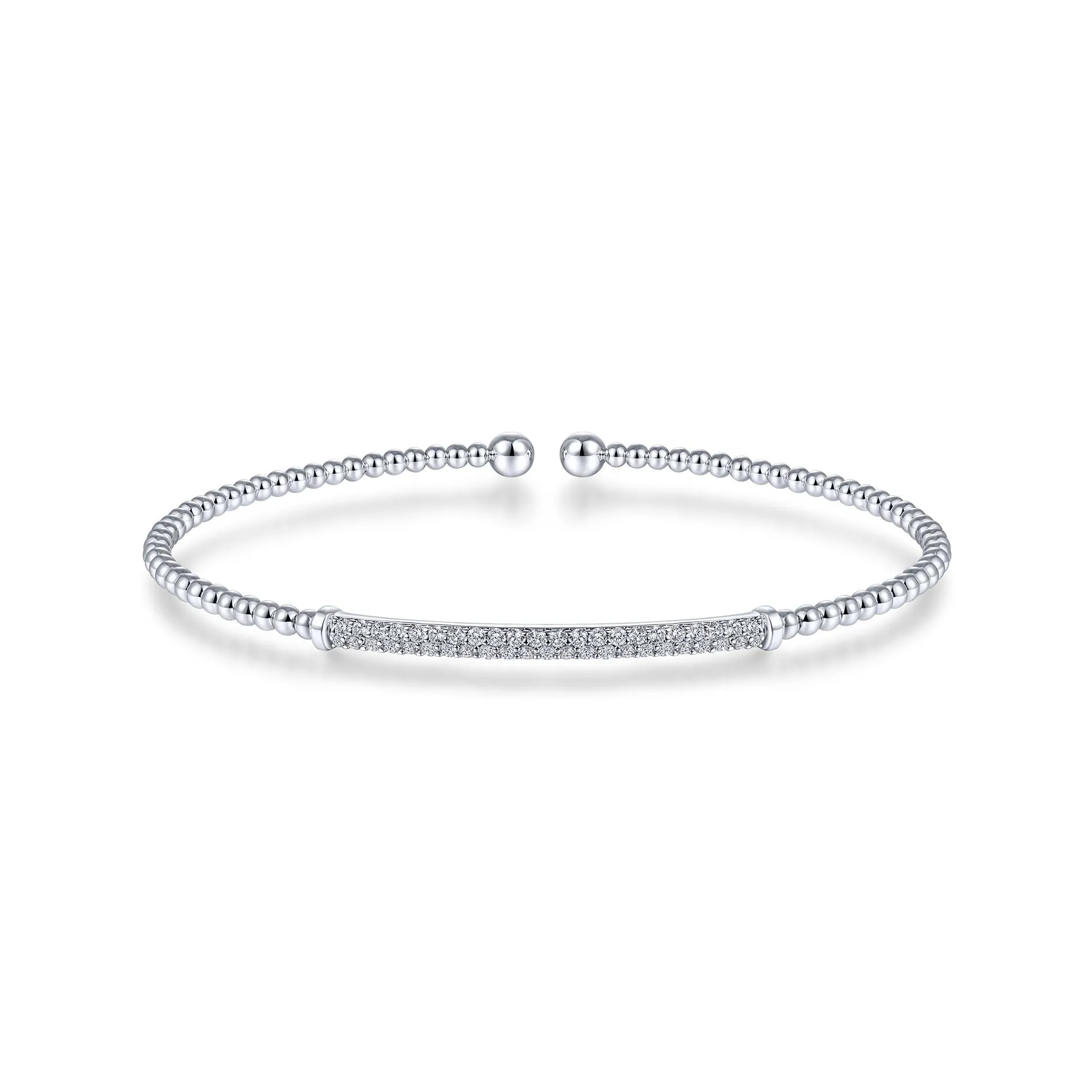 14K White Gold Diamond Pave Top Bead Open Cuff