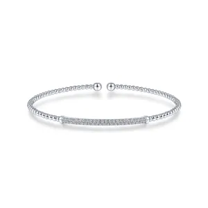 14K White Gold Diamond Pave Top Bead Open Cuff