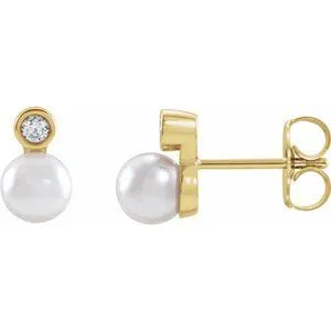 14K Yellow Cultured White Akoya Pearl & .06 CTW Natural Diamond Earrings