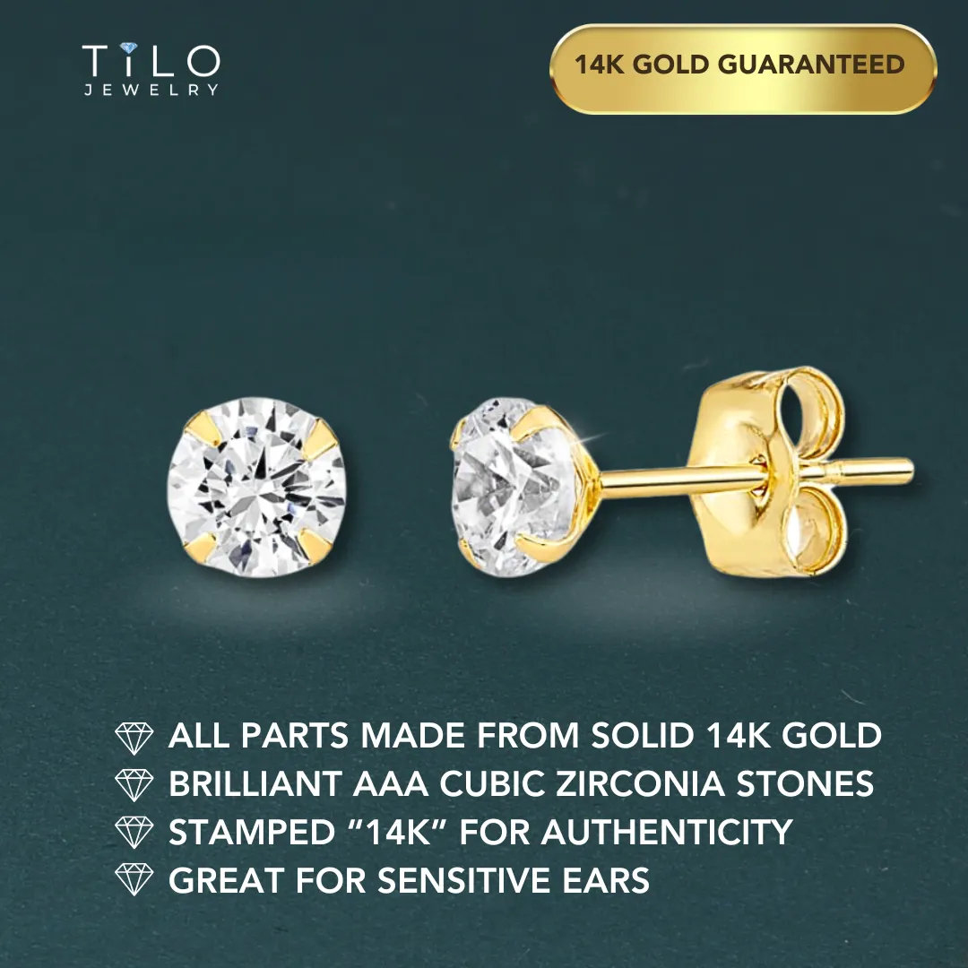 14K Yellow Gold And White Gold Stamping Zirconia Stud Earrings, Dainty Everyday Earrings