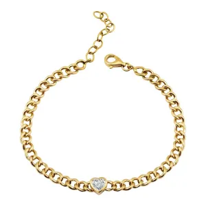 14k Yellow Gold Cuban Link White Topaz Heart Bracelet