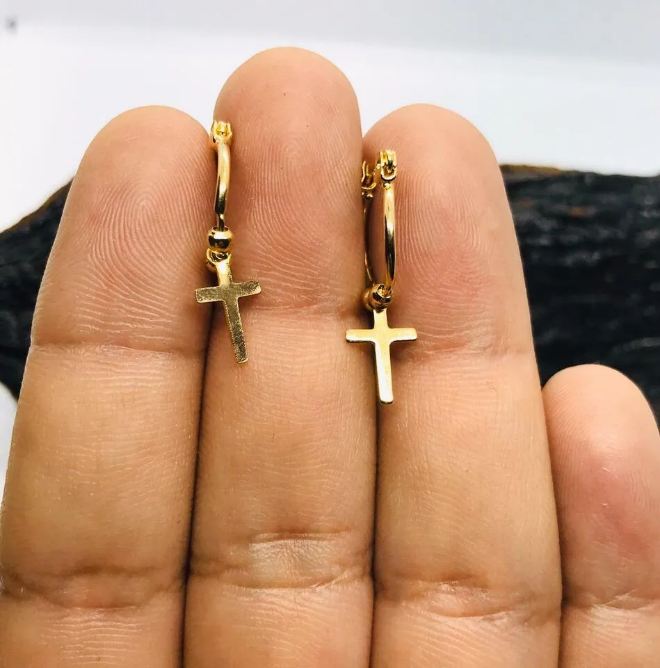 14K Yellow Gold Filled Cross Earrings Ball Hoop Design Womens Girls Gifts 16x13mm