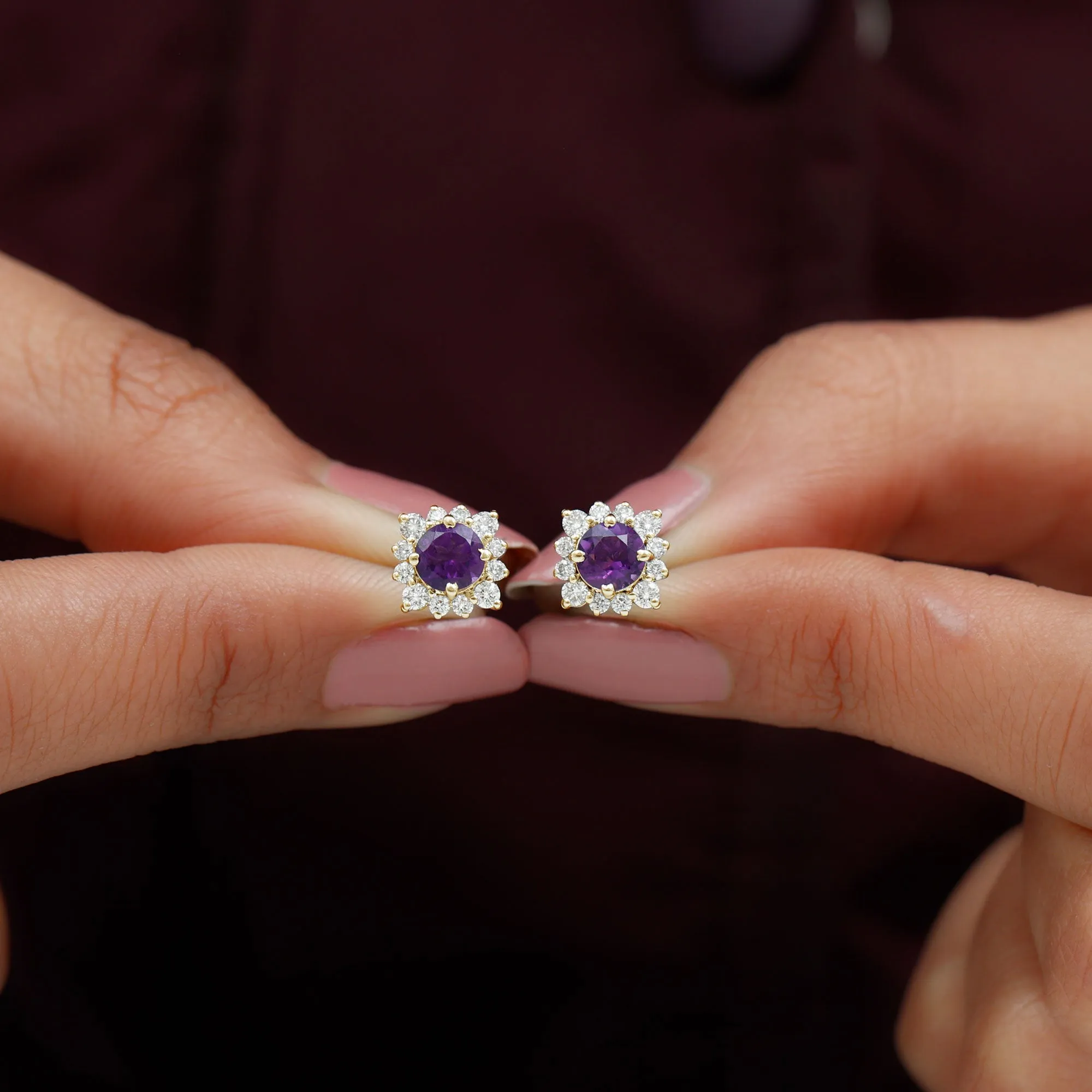 1.5 CT Classic Amethyst Stud Earrings with Diamond Halo