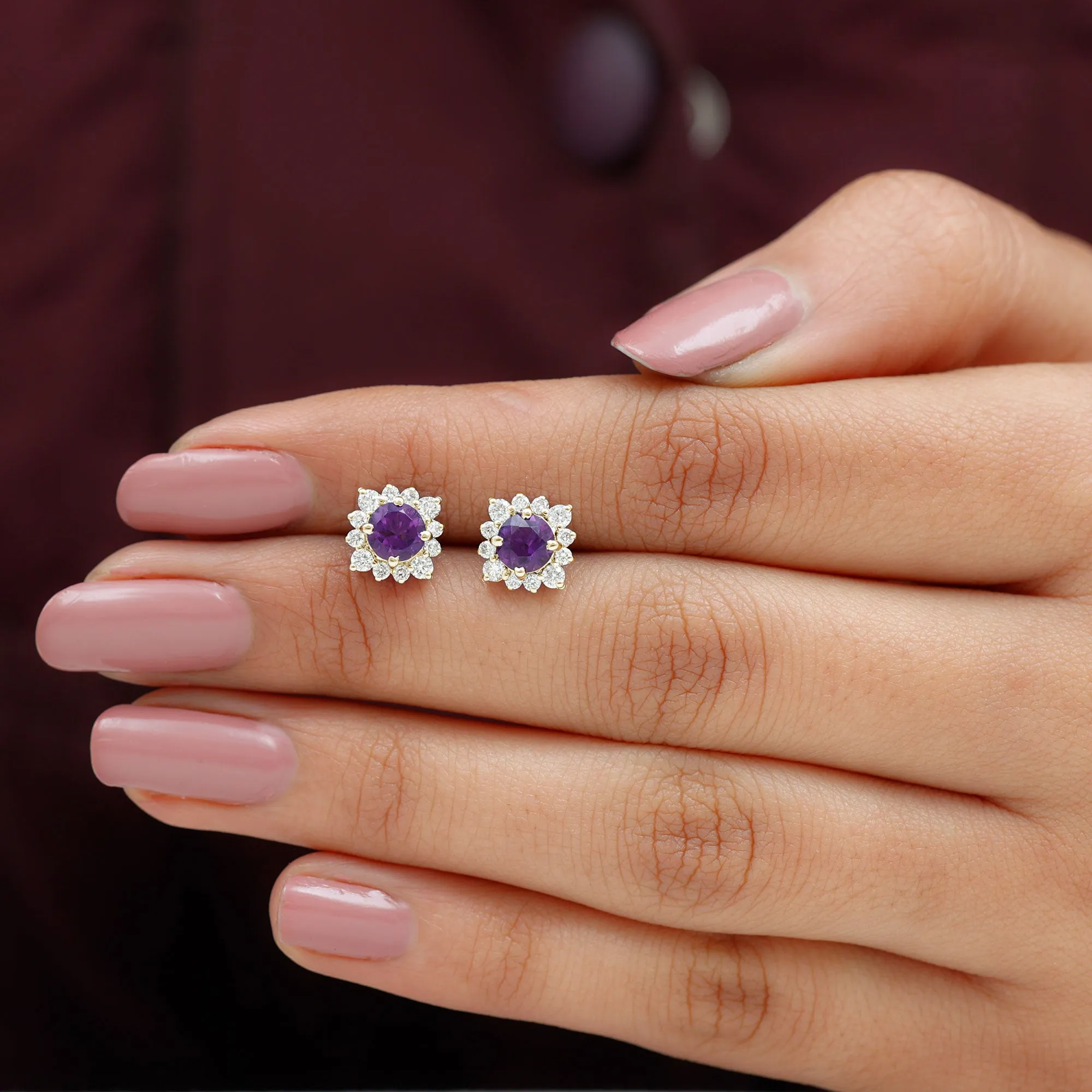 1.5 CT Classic Amethyst Stud Earrings with Diamond Halo