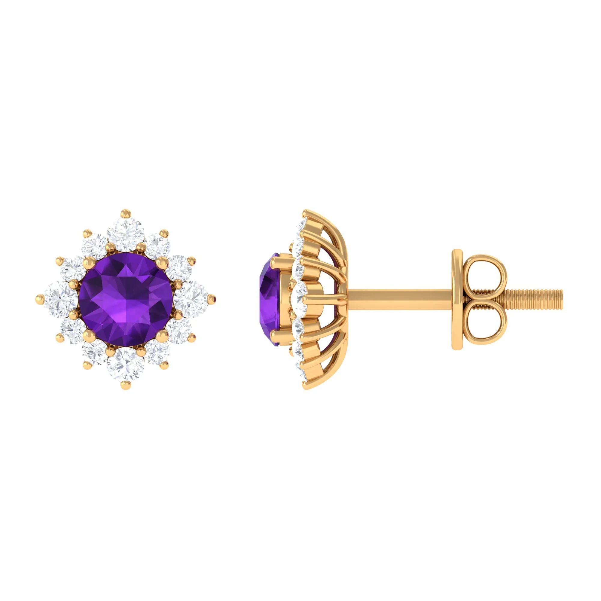 1.5 CT Classic Amethyst Stud Earrings with Diamond Halo