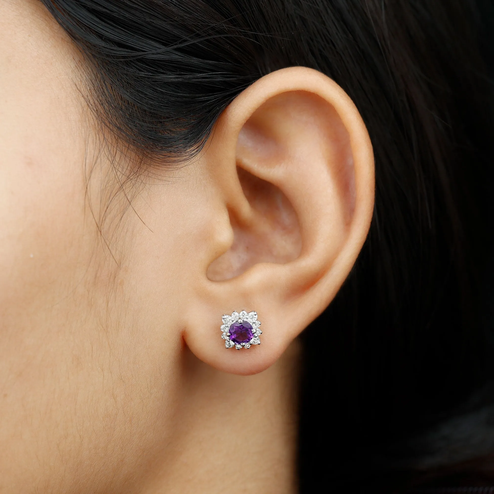 1.5 CT Classic Amethyst Stud Earrings with Diamond Halo