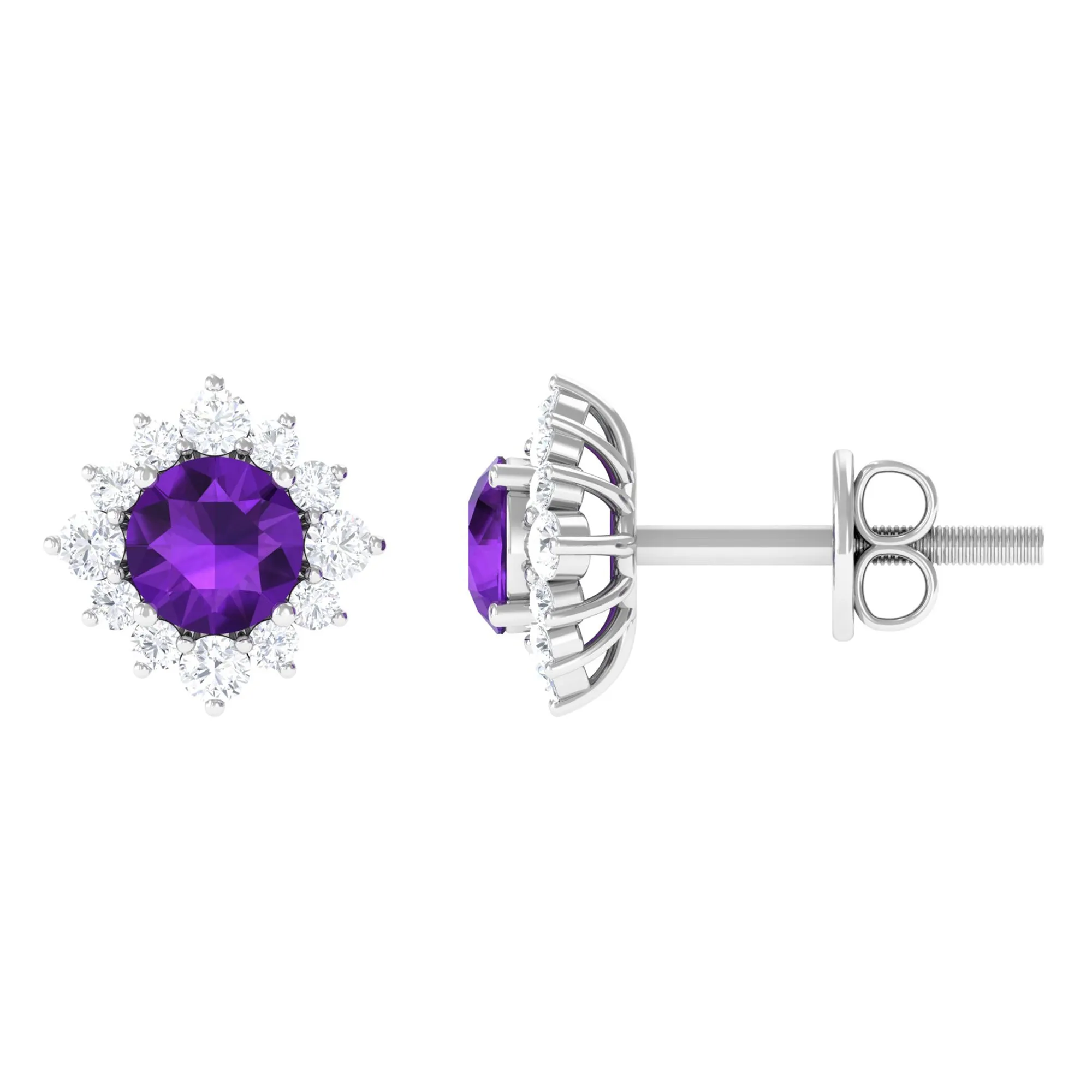 1.5 CT Classic Amethyst Stud Earrings with Diamond Halo