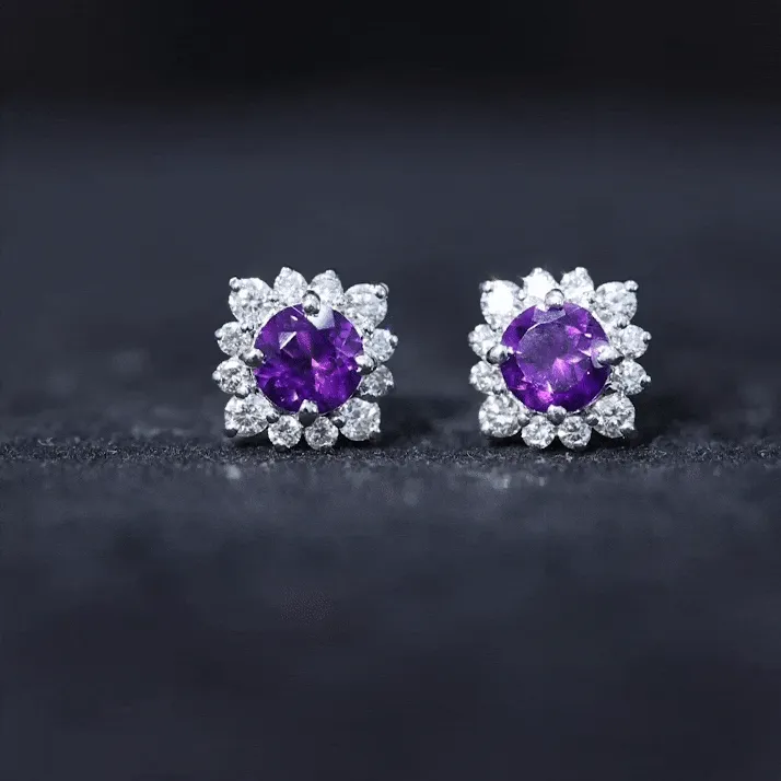 1.5 CT Classic Amethyst Stud Earrings with Diamond Halo