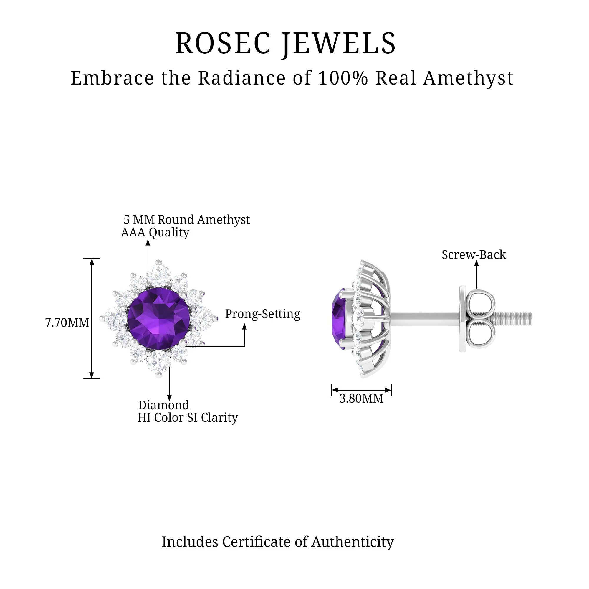 1.5 CT Classic Amethyst Stud Earrings with Diamond Halo