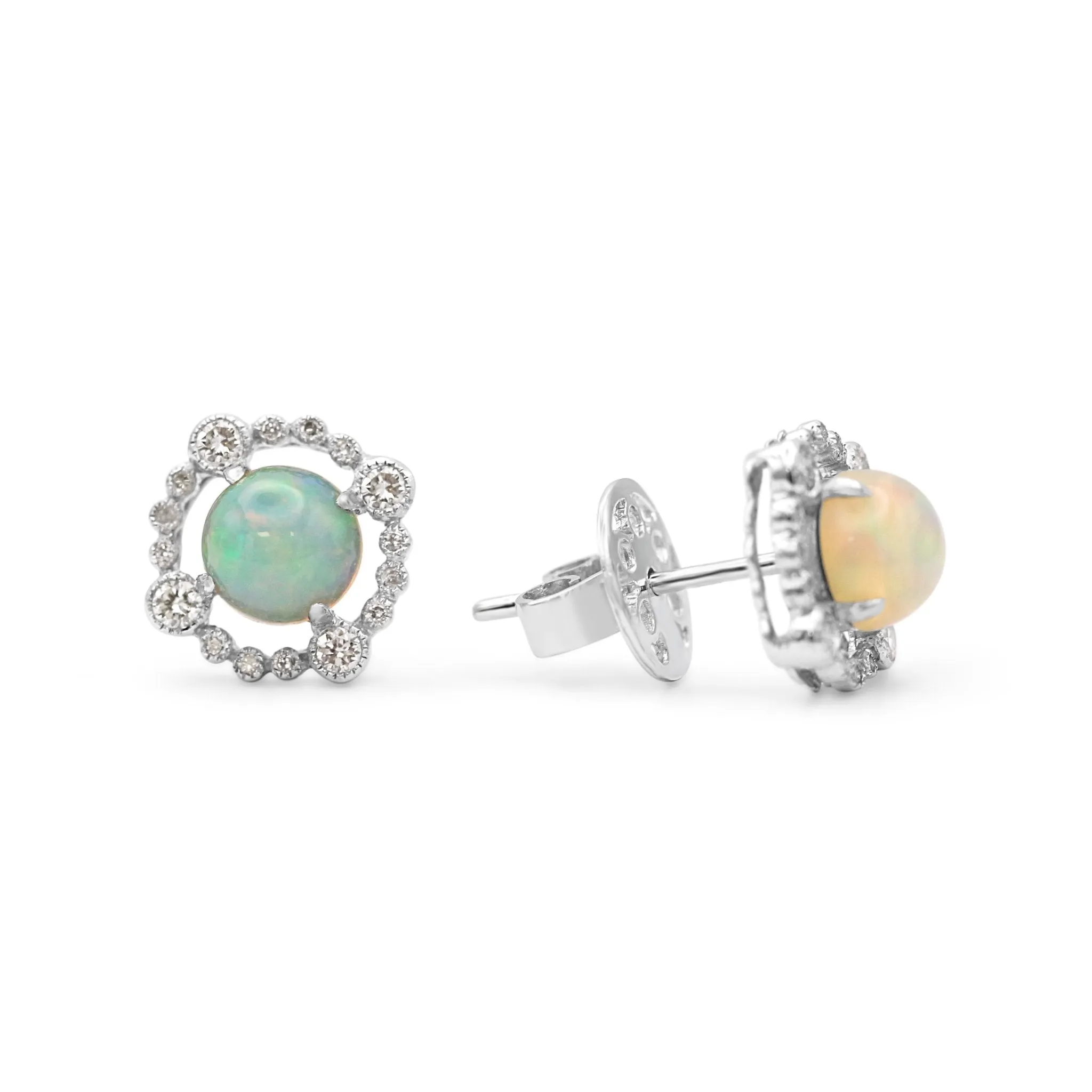 18ct White Gold Diamond & Opal Cluster Stud Earrings