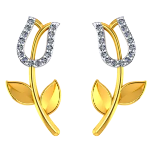 18k Diamond Earrings With Floral Design And Leafy Detailing