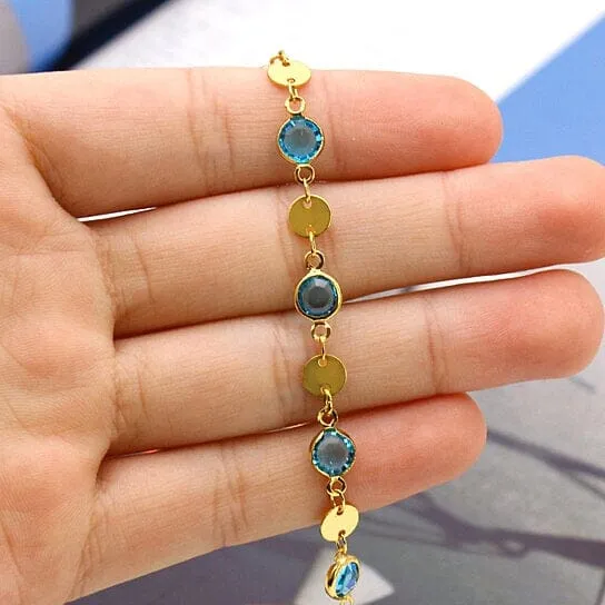 18k Gold Filled High Polish Finish Aquamarine Crystal Ankle Bracelet