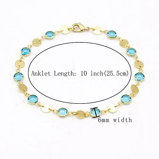 18k Gold Filled High Polish Finish Aquamarine Crystal Ankle Bracelet