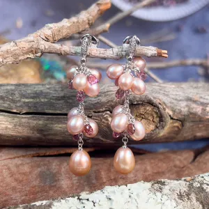 18kt White Gold Pearl, Diamond, Pink Sapphire dangling earrings