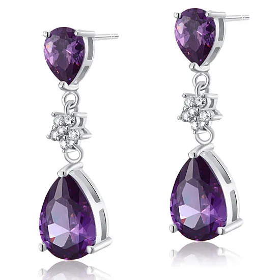 3.5 Carat Purple Pear Cut Created Sapphire 925 Sterling Silver Dangle Earrings XFE8016