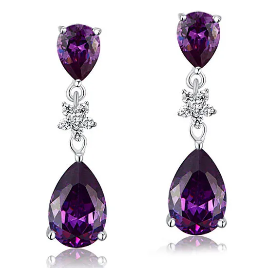 3.5 Carat Purple Pear Cut Created Sapphire 925 Sterling Silver Dangle Earrings XFE8016