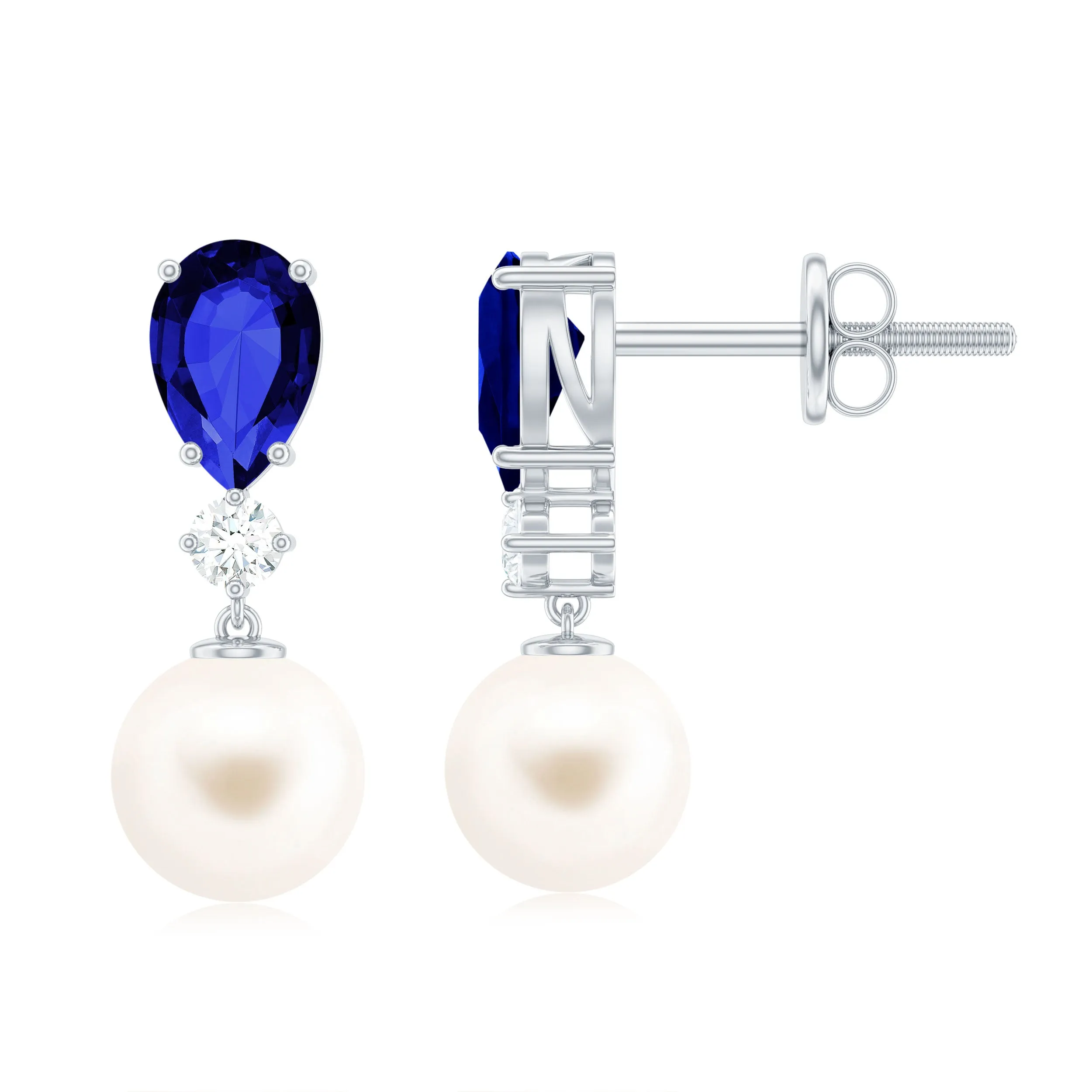 3.75 CT Created Blue Sapphire and Moissanite Dangle Earrings with Freshwater Pearl Drop