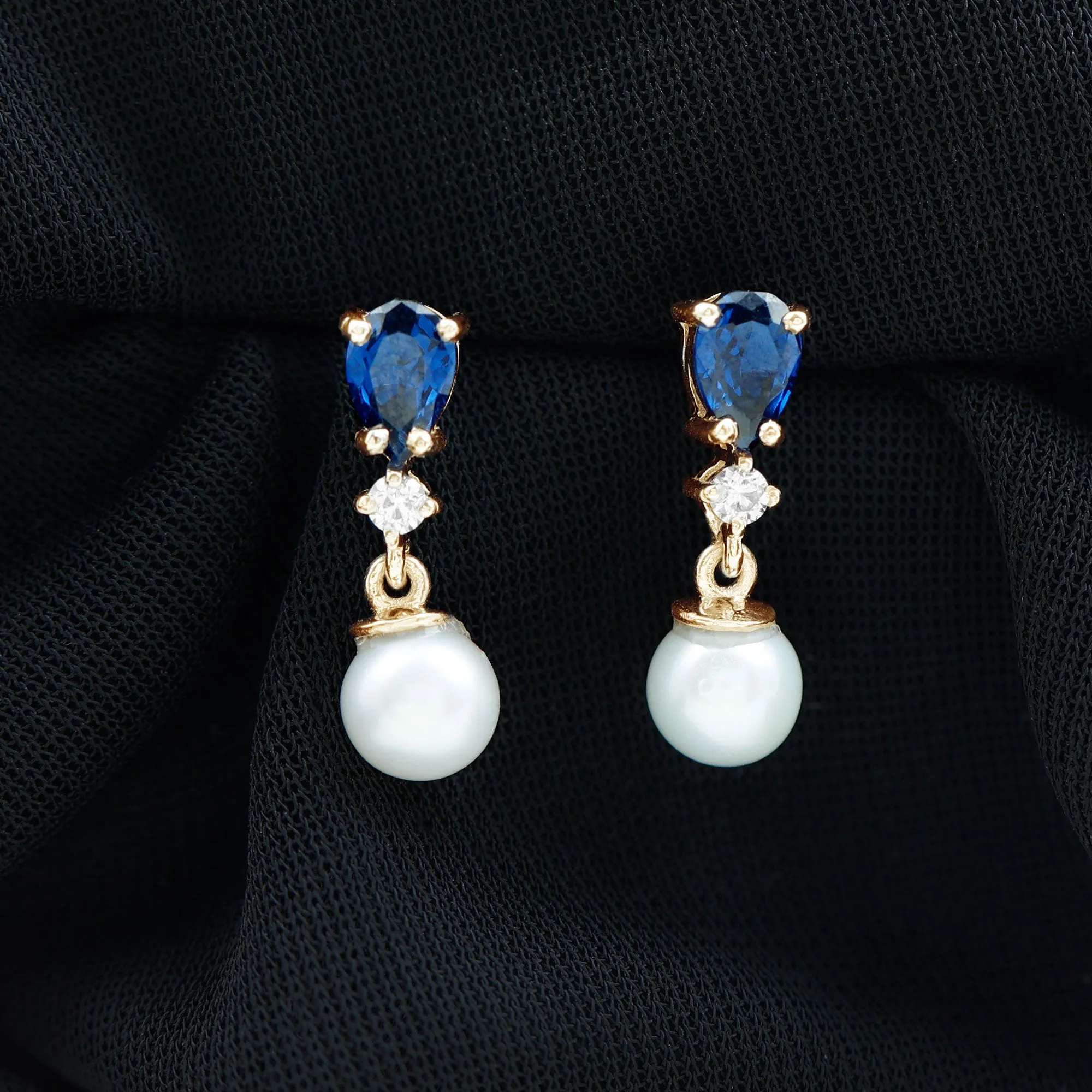 3.75 CT Created Blue Sapphire and Moissanite Dangle Earrings with Freshwater Pearl Drop