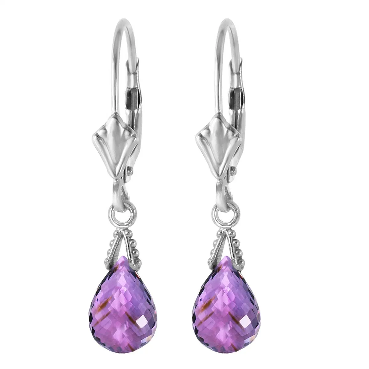 4.5 Carat 14K Solid White Gold Leverback Earrings Briolette Amethyst