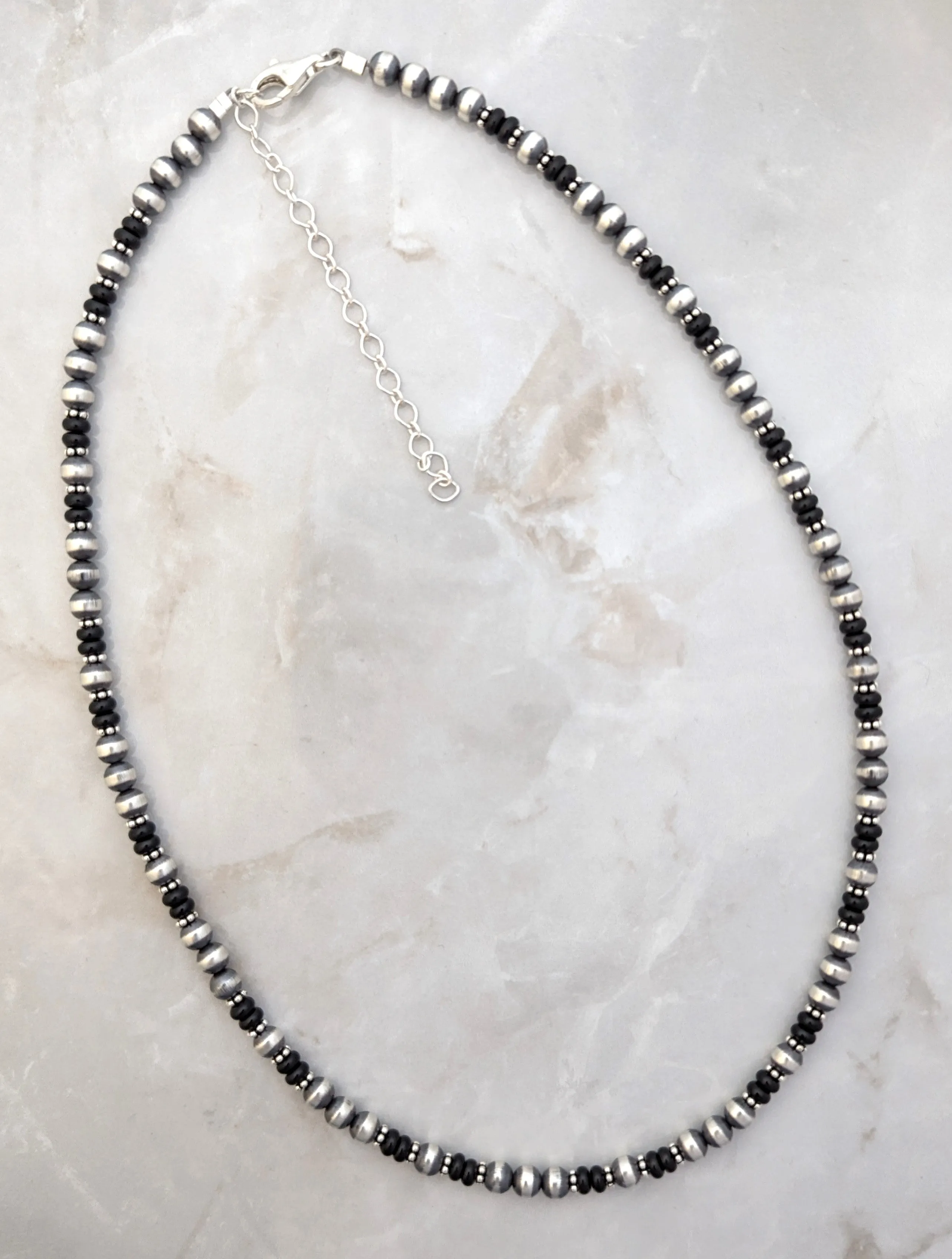 5mm Navajo Pearls & Onyx Necklace Sterling Silver