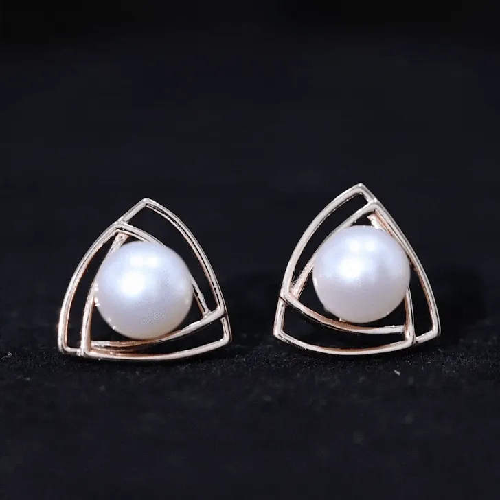 6 MM Bead Set Round Freshwater Pearl Solitaire Triangle Stud Earrings