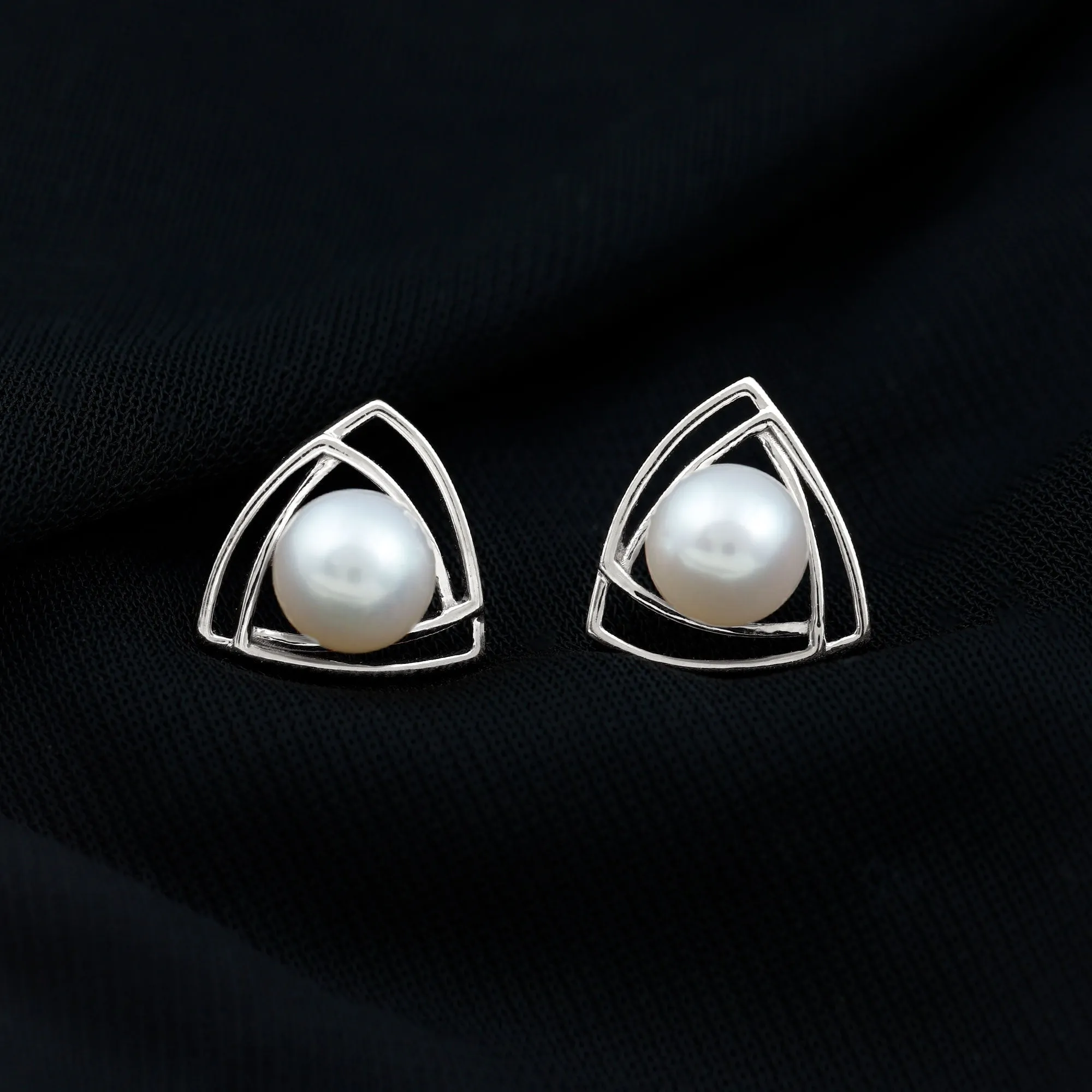 6 MM Bead Set Round Freshwater Pearl Solitaire Triangle Stud Earrings