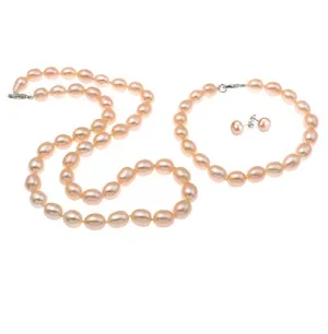 9-10mm Pink Rice  Pearl Necklace Matched Bracelet, Earrings set -