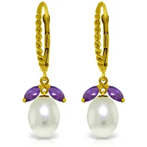 9 Carat 14K Solid Yellow Gold Leverback Earrings Amethyst Pearl