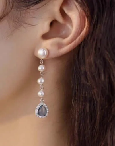 925 Silver Blue Pearl Tassel Drop Earrings