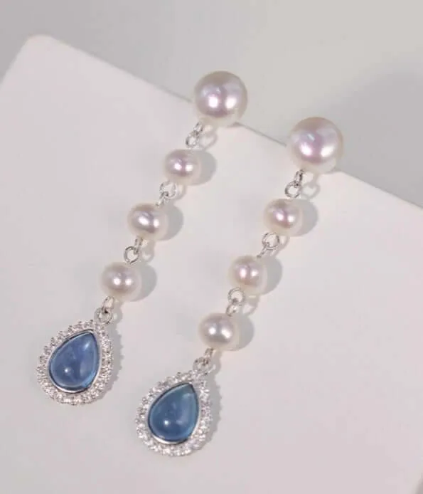 925 Silver Blue Pearl Tassel Drop Earrings