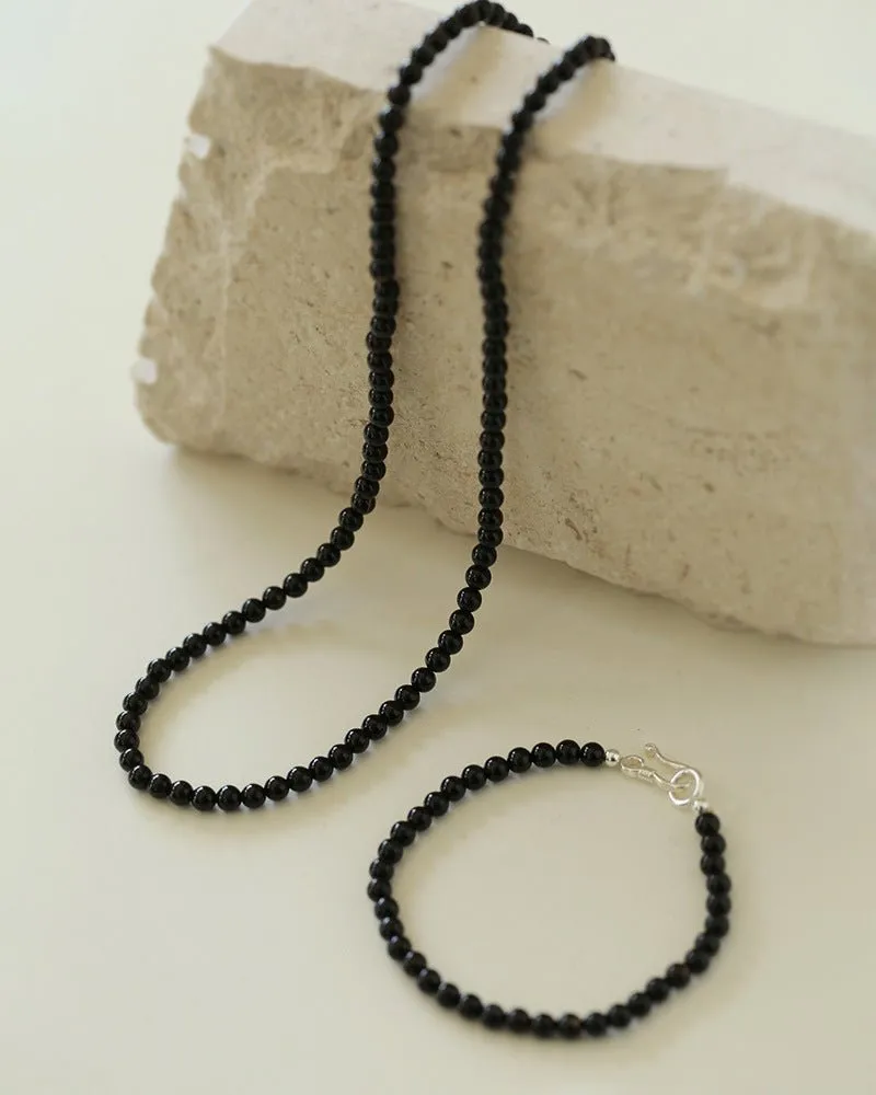 925 Silver Clasp 4mm Black Onyx Beaded Necklace