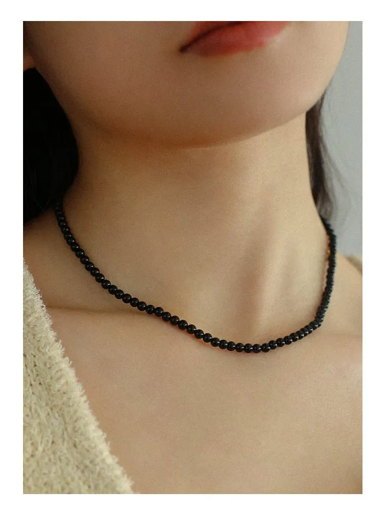 925 Silver Clasp 4mm Black Onyx Beaded Necklace