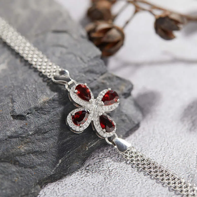 925 Silver Garnet Four-Leaf Clover Bracelet