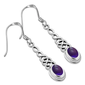 Amethyst Stone Long Celtic Knot Silver Earrings