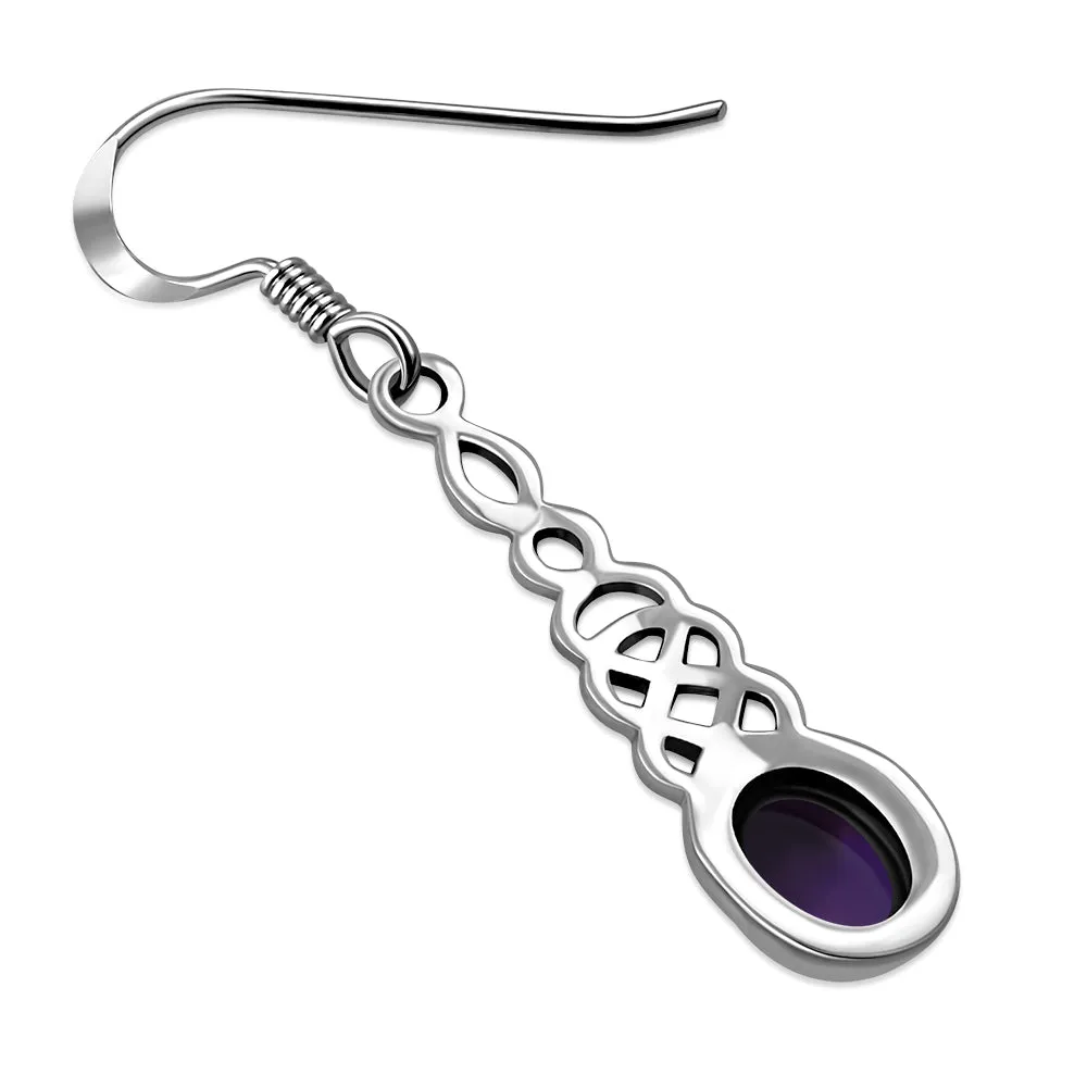 Amethyst Stone Long Celtic Knot Silver Earrings