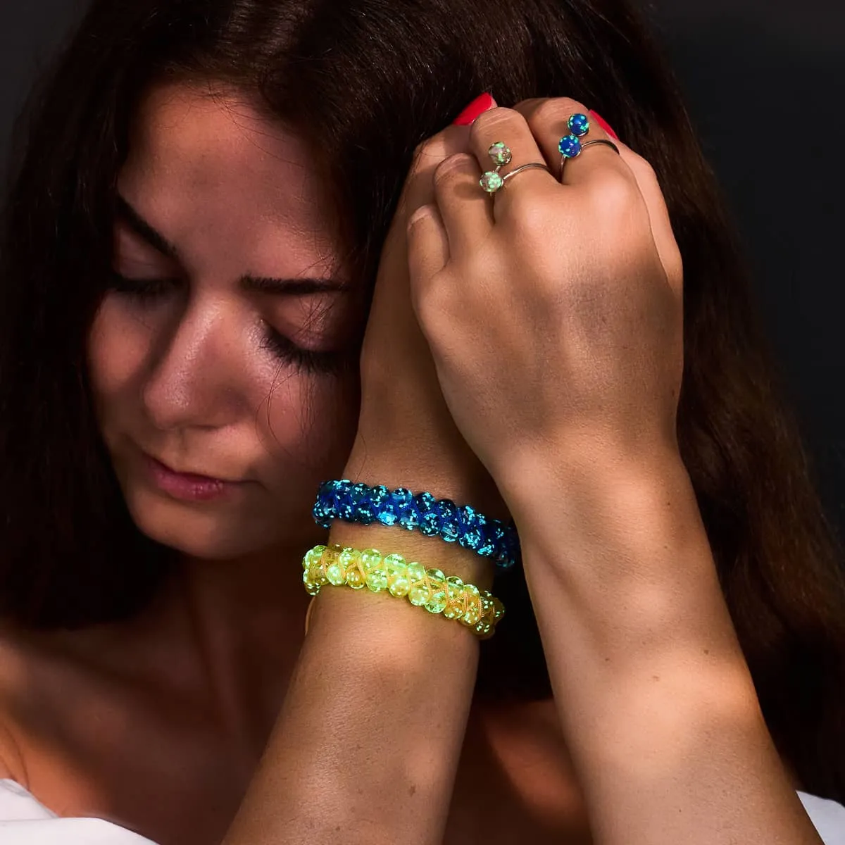 Aquamarine Flame | Lapis Flame x Aquamarine | Double Firefly Glass Bracelet