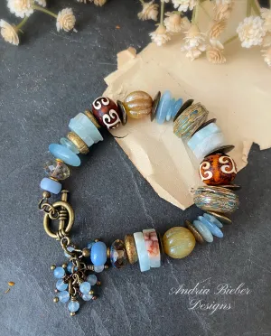 aquamarine, lampwork glass, african brass, Czech glass, Amazonite, bracelet.