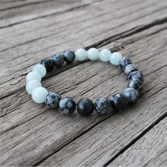 Aquamarine Snowflake Obsidian,Mala Bead Bracelet