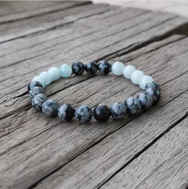 Aquamarine Snowflake Obsidian,Mala Bead Bracelet