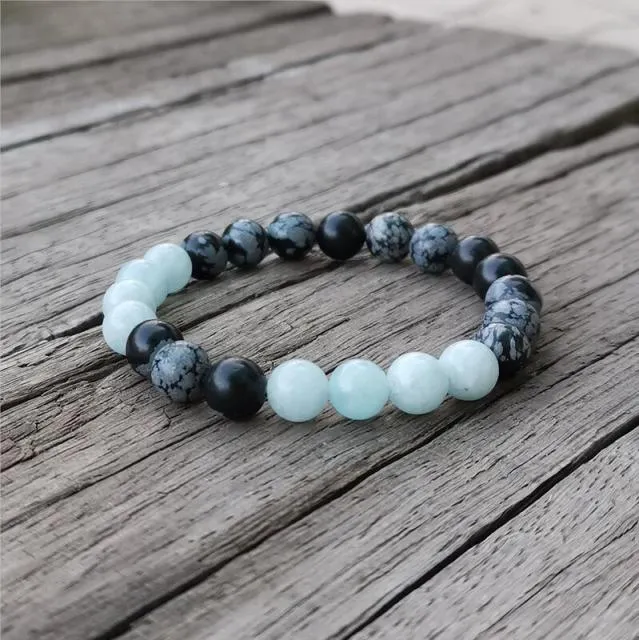 Aquamarine Snowflake Obsidian,Mala Bead Bracelet