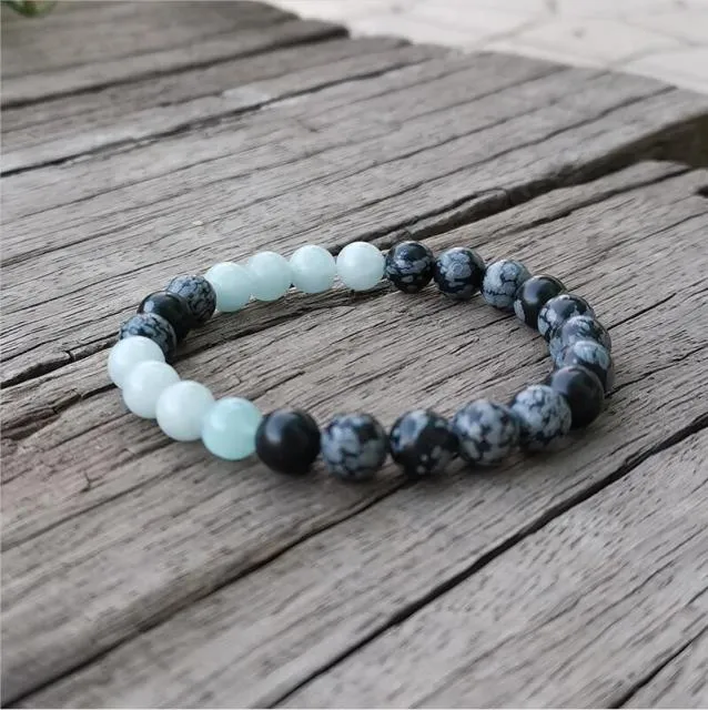 Aquamarine Snowflake Obsidian,Mala Bead Bracelet